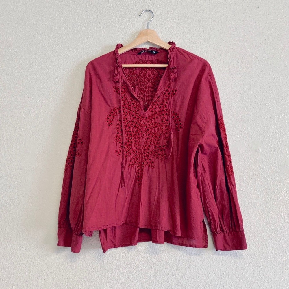 Zara Berry Embroidered Long Sleeve Top